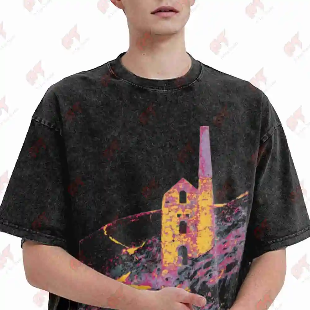 Cornwall Tin Mine Wheal Coates Retro Gorse Heather Vintage Washed Tee Pure Cotton T-Shirt