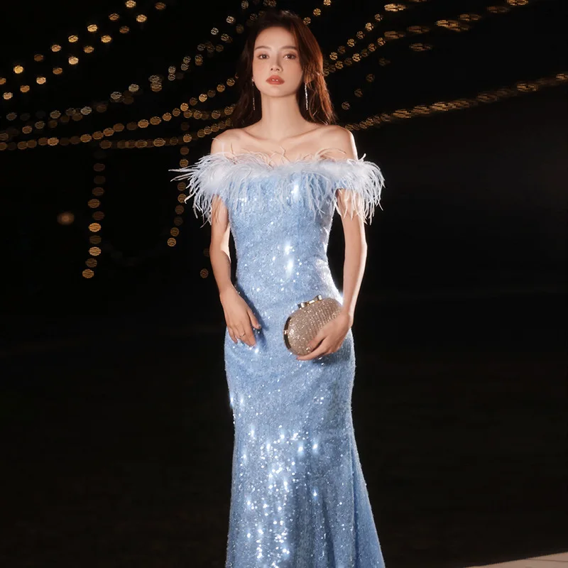 

Blue Sequins Evening Dress Feathers Strapless Slim Long Party Gowns Elegant Lace-Up Mermaid Dresses Celebrity Banquet