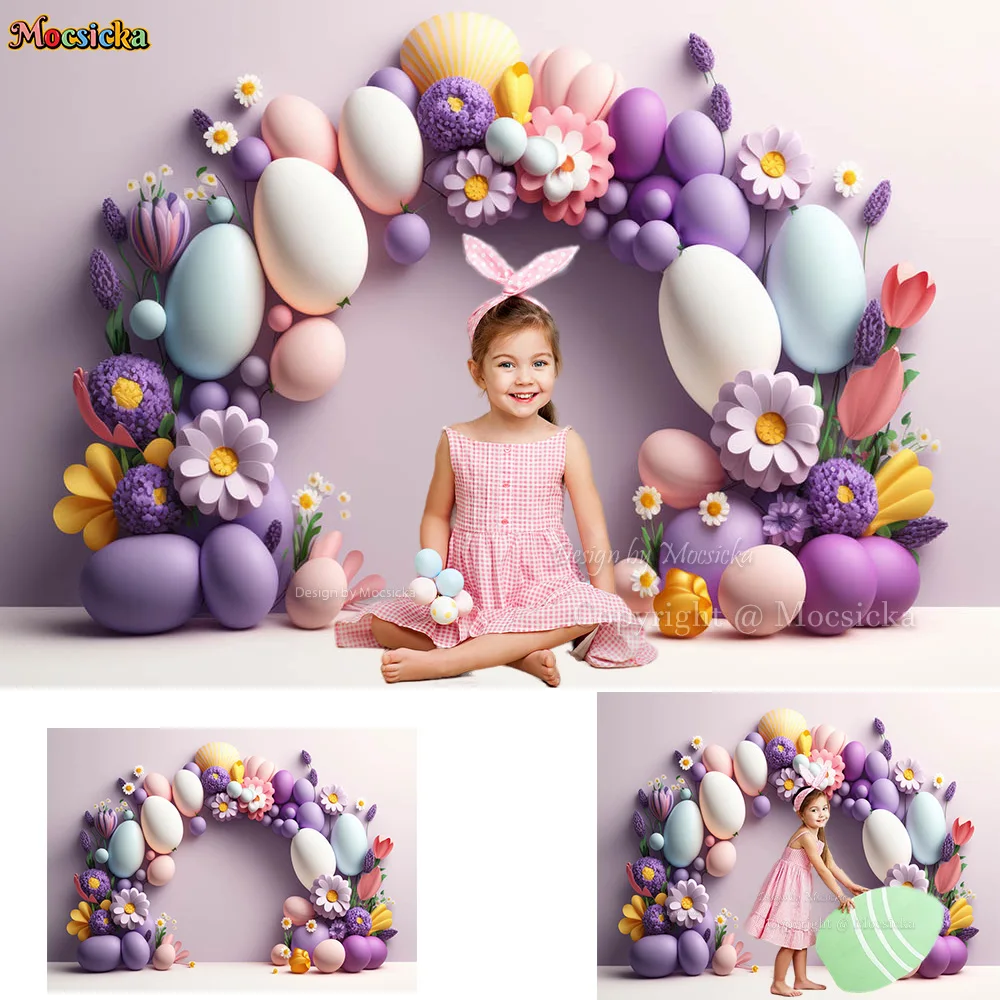 

Mocsicka Kids Cake Smash Photography Backdrop Purple Easter Eggs Flowe Arch Decor Birthday Party Background Baby Shower Studio