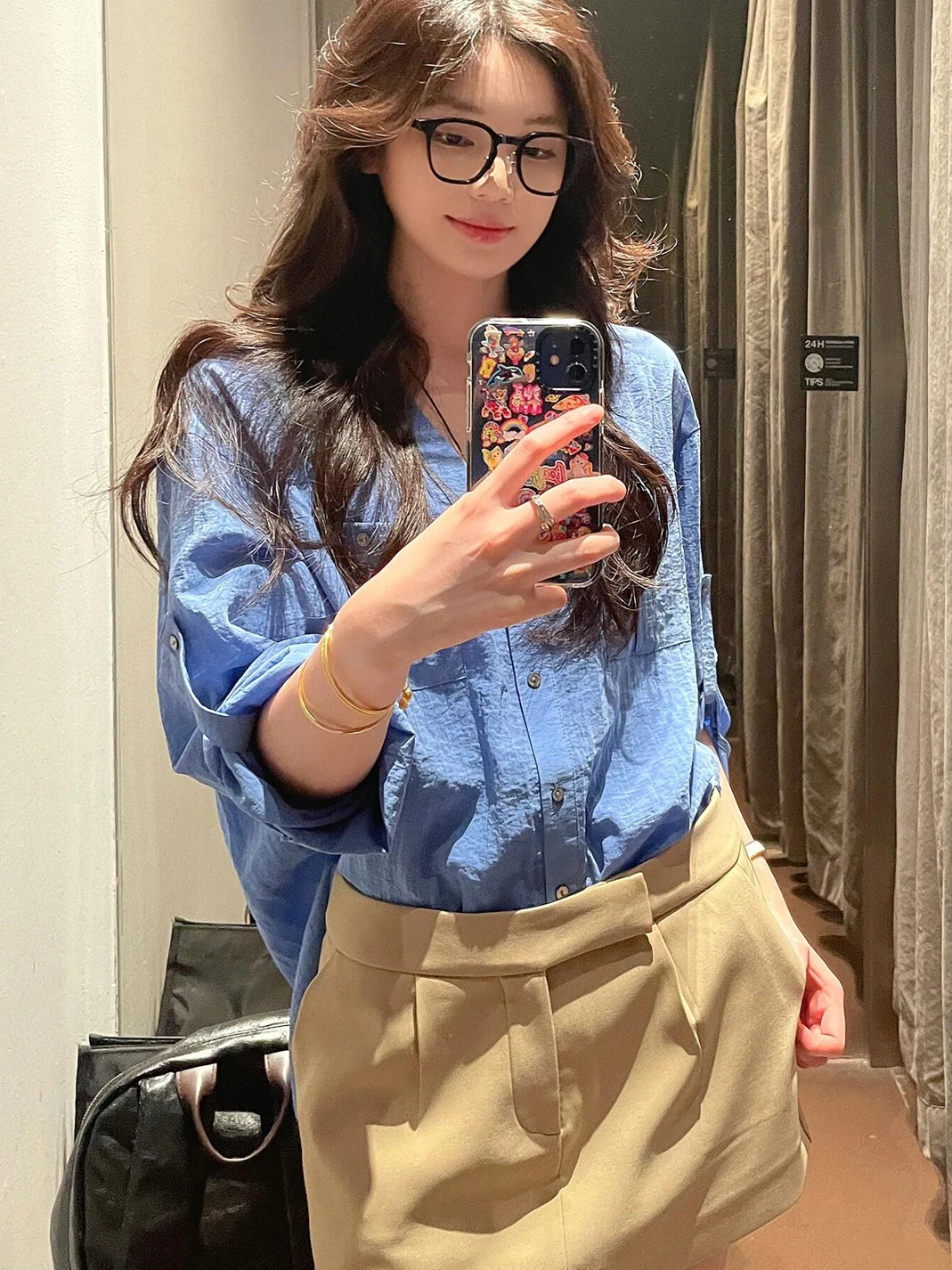 

Khaki Long Sleeve V-Neck Shirt And Skirt Set Women's Anti-Aging Commute Lazy Loose Feel Two-Piece Set Casual Style Polyester ...