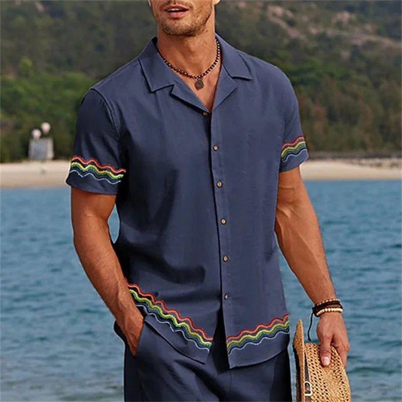 Chemise à Manches Courtes pour Homme, Vêtements Imprimés, Courbes Ondulées, Revers de Vacances, Haut Décontracté à la Mode, Chemise de Rue à Hawaï, Nouvelle Collection