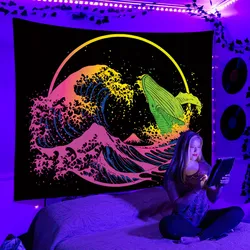 Black Light Hippie DJ Tapestry UV Reactive Psychedelic Ukiyo-e Whale Wall Hanging  for Bedroom Dorm Indie Room Decor