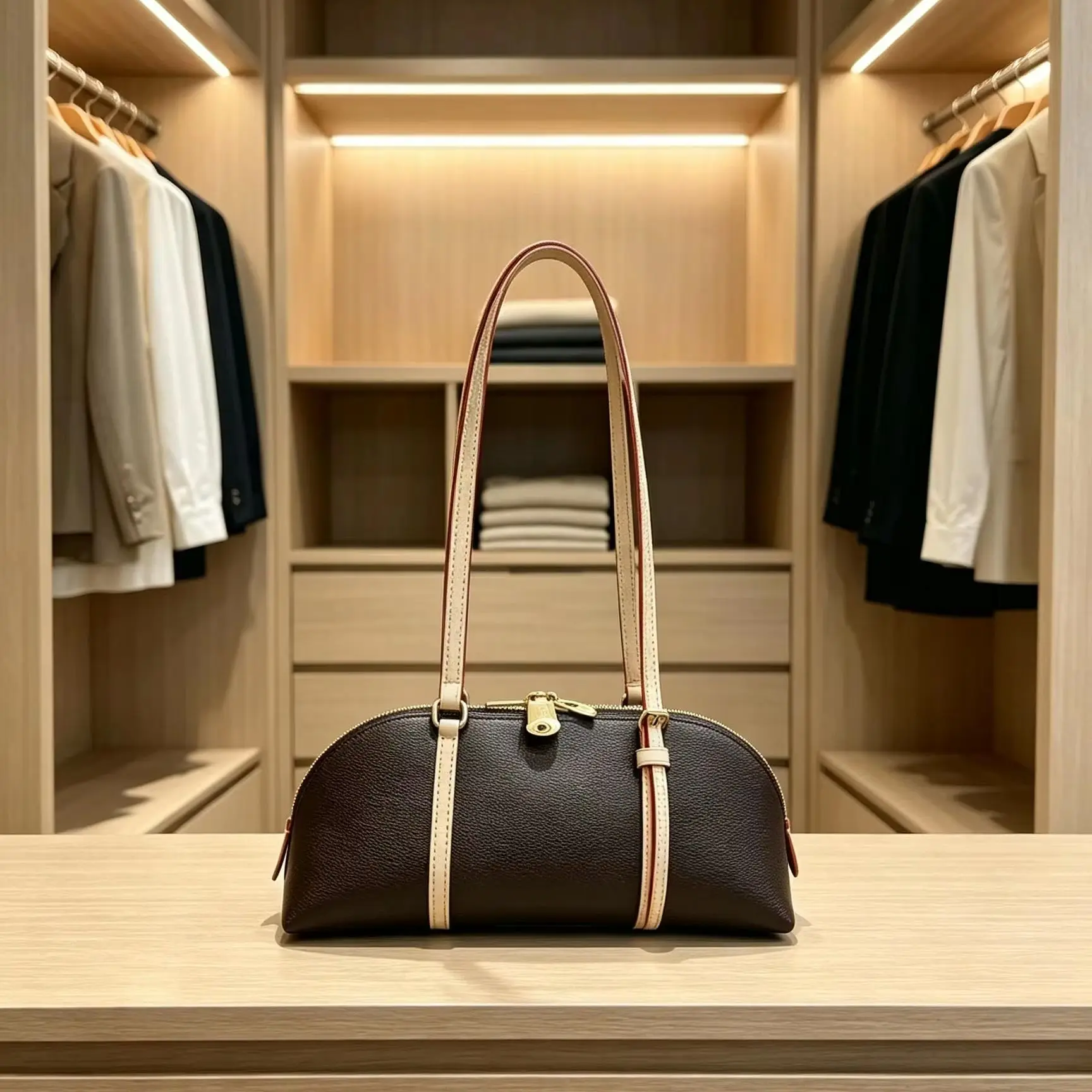 Dark Brown Color Block Leather Baguette Shoulder Bag Half Moon Shell Underarm Purse Ladies Zipper Handbag