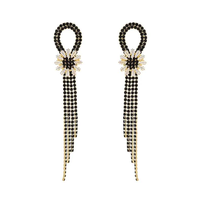 

Diamond flower long fringed earrings, antique waterfall black full diamond earrings