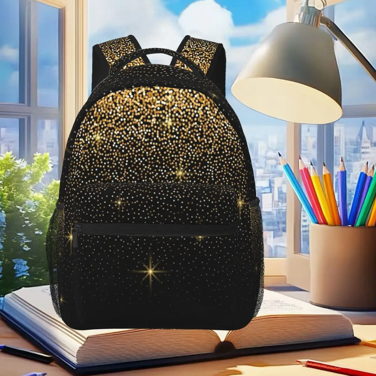 Black And Gold Glitter Backpack Student Boys Girls BookBag Children School Bag Computer Shoulder Bags for Men Women