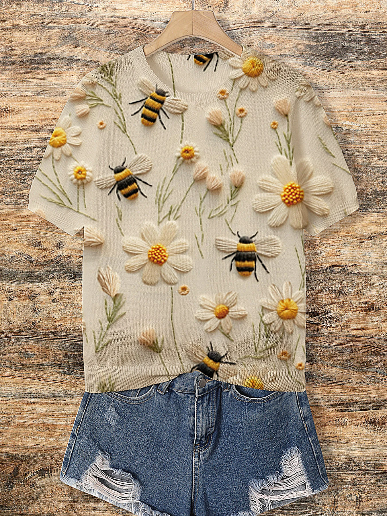 Suéter de Punto con Estampado Floral y Abejas, de Manga Corta, para Mujer, Primavera/Verano, con Cuello, para un Look Elegante e Informal