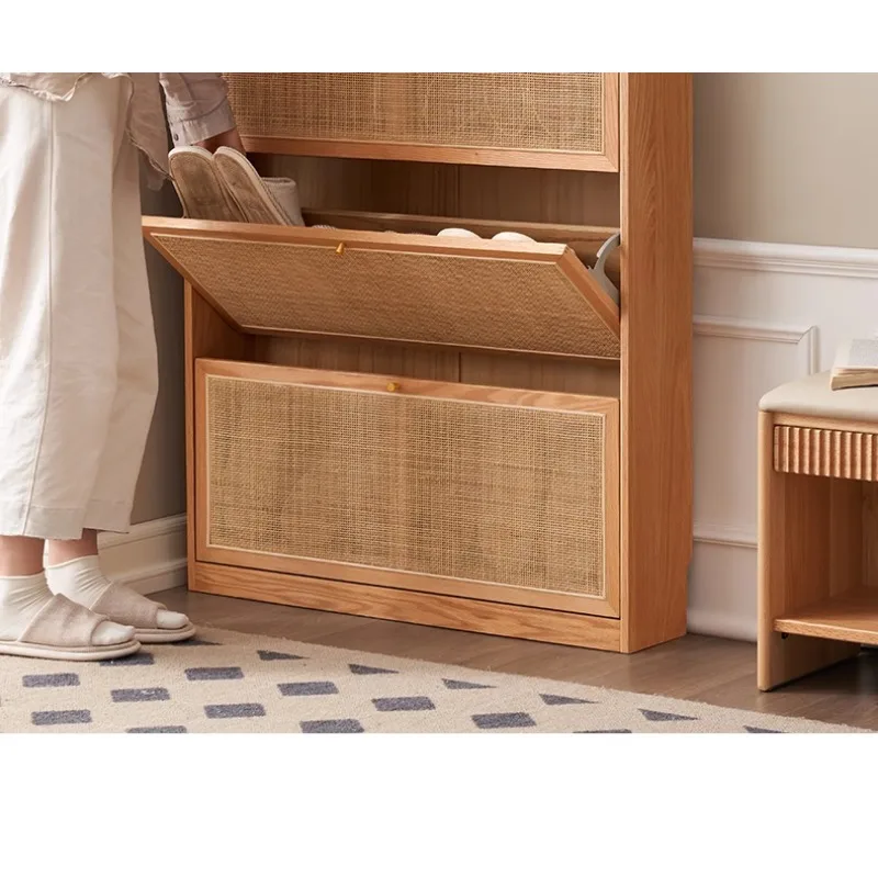 Original solid wood shoe cabinet, small unit type flip bucket storage cabinet, oak rattan woven entrance hall