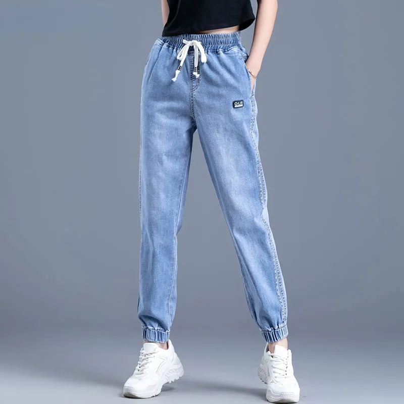 

Ankle Length Streetwear Oversize 34 Denim Pants Casual Drawstring Jogger Jeans Women Elastic High Waist Boyfriend Harem Vaqueros