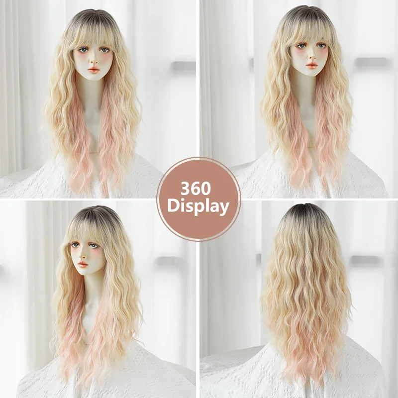 NAMM High Density Synthetic Ombre Blonde Wig for Women Costume Wig Fashion Long Body Wavy Pink and Blonde Wigs with Bangs