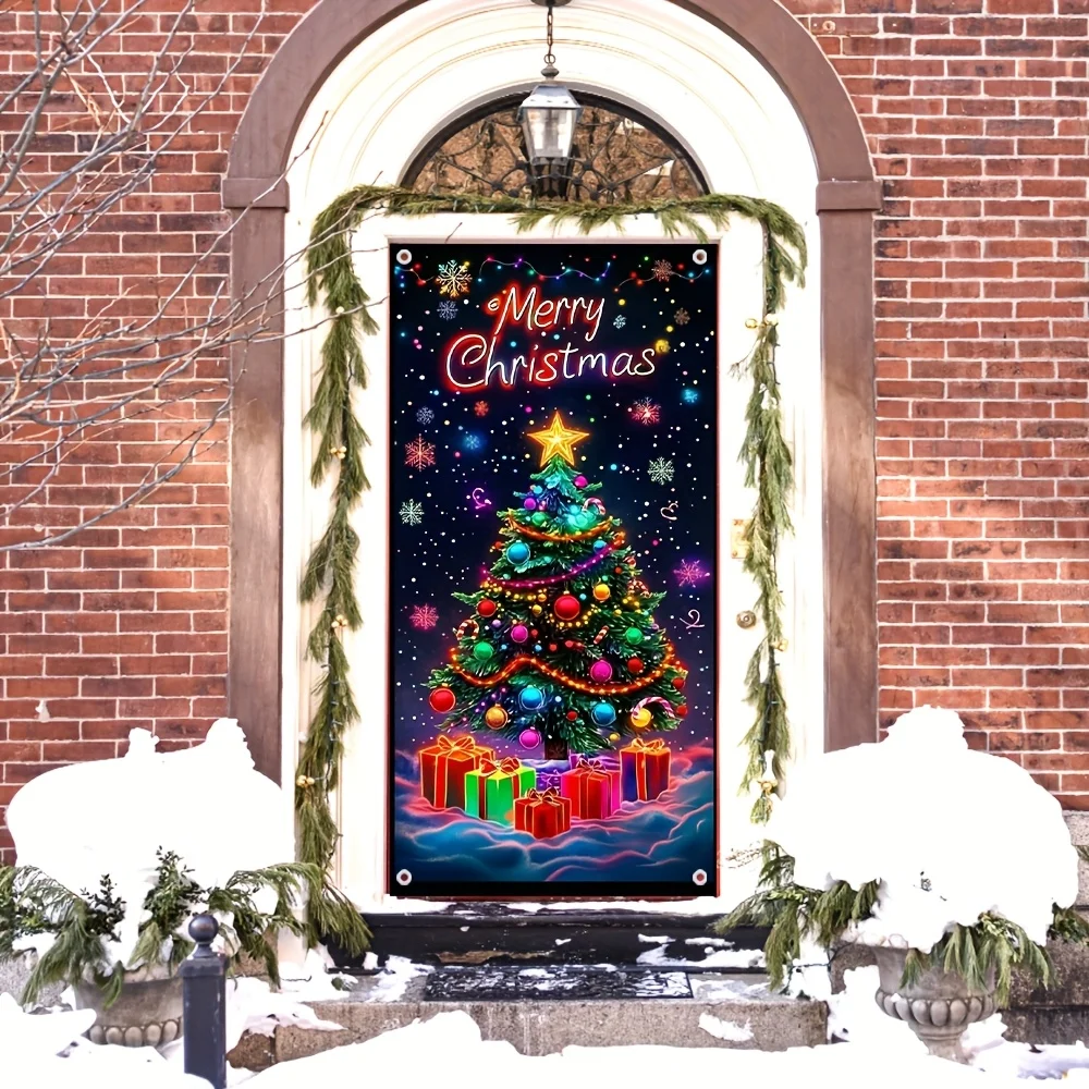 لافتة باب بوليستر شجرة عيد الميلاد المسطحة 2D - الخيار المثالي لاحتفالات المهرجانات والحفلات الموسمية
