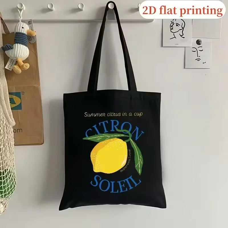 Bolsa de Lona con Estampado de Limón - Diseño 'Cítricos de Verano en una Taza', Bolsa de Compras Reutilizable Ecológica de Algodón Negro