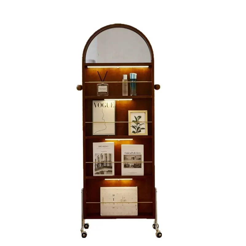 

Medieval solid wood movable full-body mirror household rack magazine rack