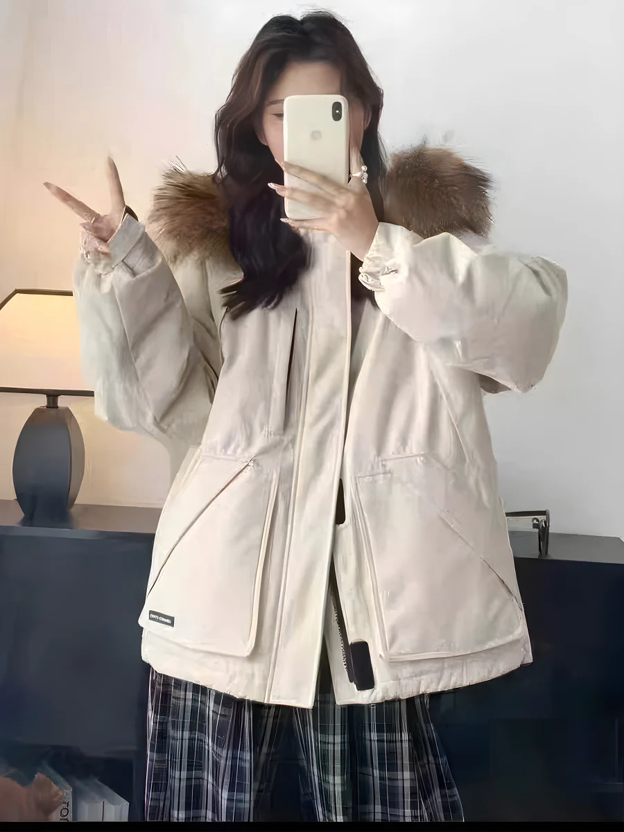 

Женская утепленная куртка-пуховик на зиму 2024, повседневная, свободного кроя, с меховым воротником, короткая, для поездок на работу, белая, на утином пуху