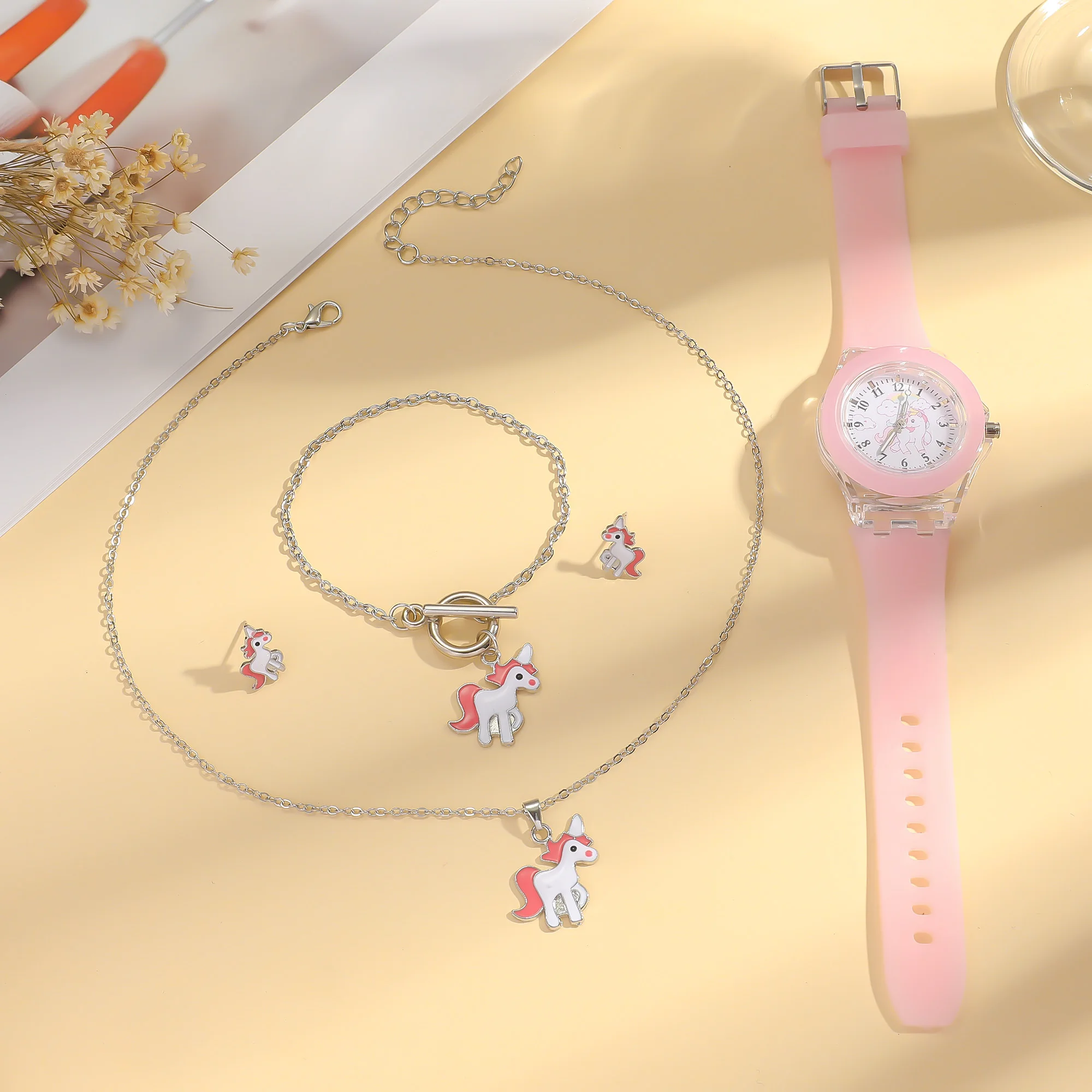 Fashion Exquisite Luminous Unicorn Series Silicone Watch + Unicorn Bracelet Set