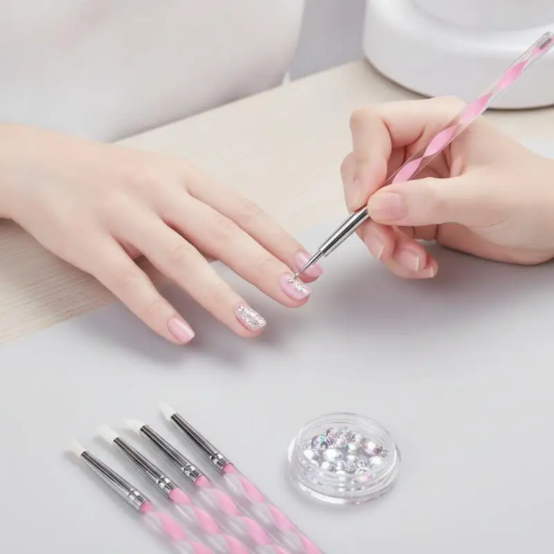 5Pcs Marbleizing Painting Pens 2 Way Nail Art Acrylic Silicone Point Flower Nail Pen Stainless Steel Dotting Tools
