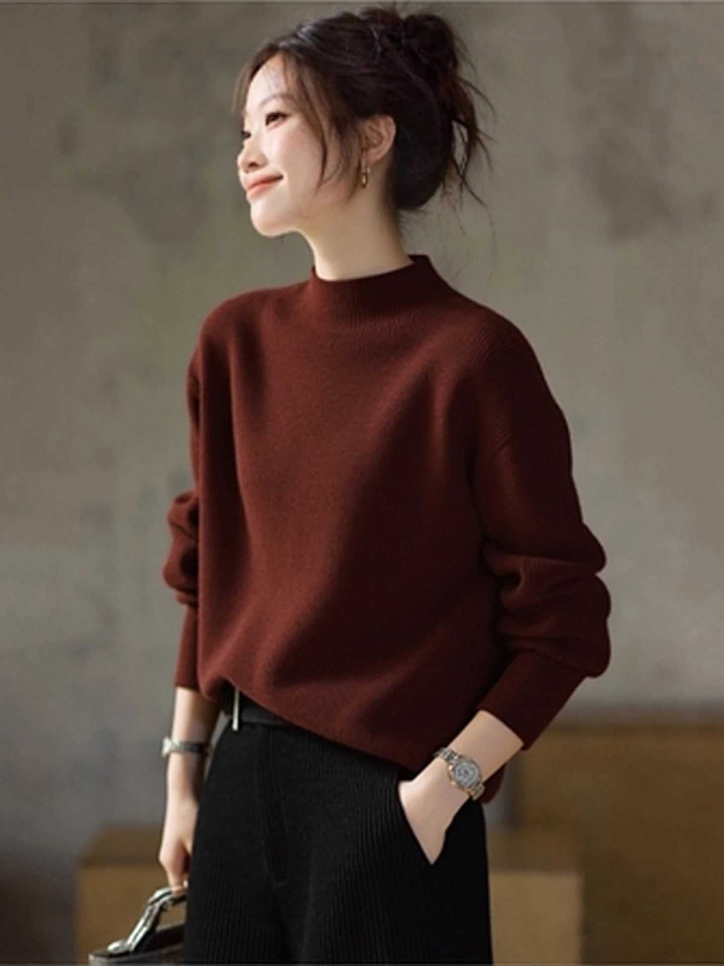 

Slimming Effect Korean Sle Pure Color Camere Knitwear Long Sve Women's Faionable Warm Top for Winter Versatile Inner...