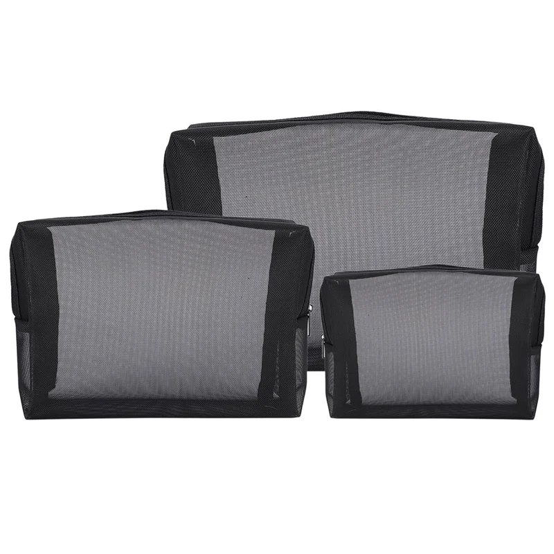 

AT33 Black Mesh Makeup Bag See Through Zipper Pouch Travel Cosmetic And Toiletries Organizer Bags Pack Of 15(S,M,L)