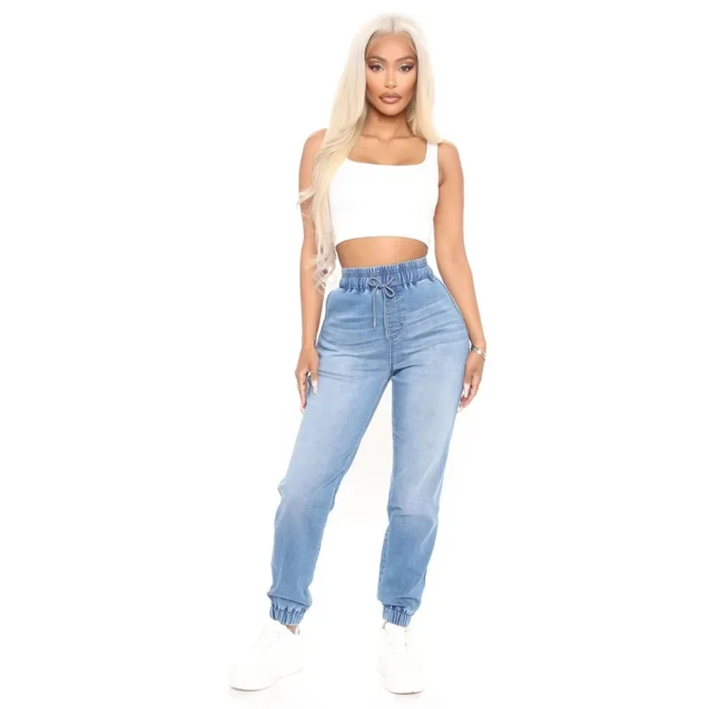 Pencil Pants Women Jeans Streetwear Stretch High Waist Lace Up Washed Pockets  Female Vintage Denim Ankle Length Trousers