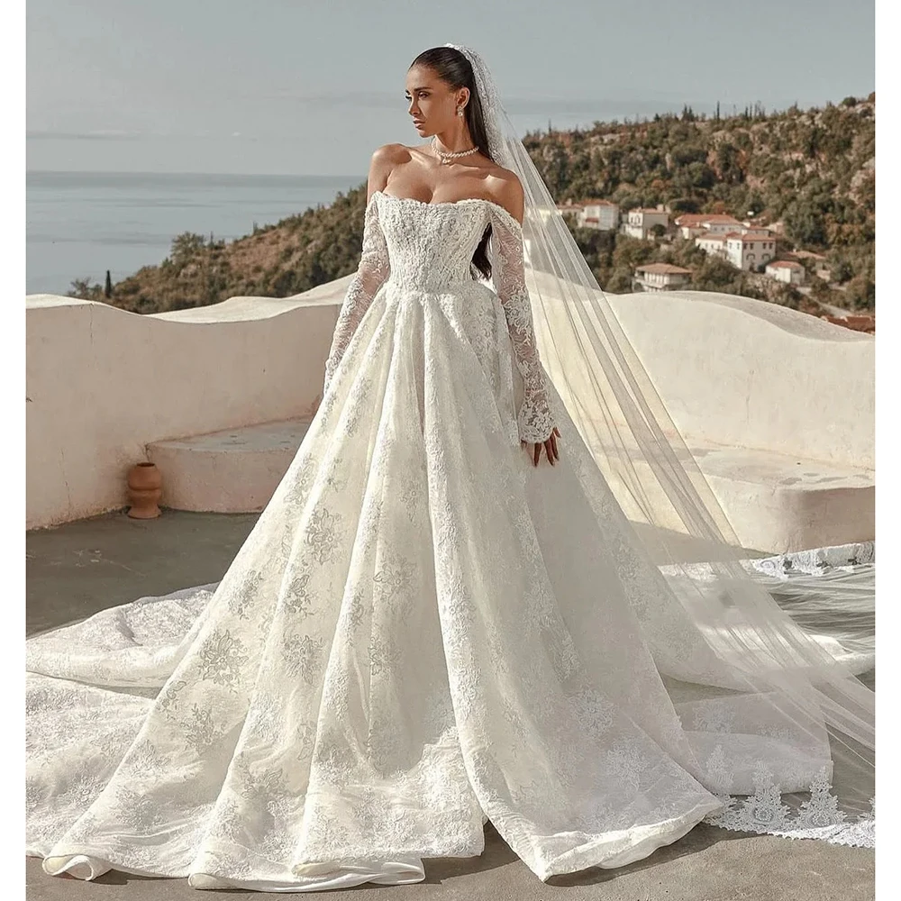 

Princess Off Shoulder Long Sleeve Lace Boho A-line Wedding Gown Beach Backless Floor Length Bridal Dress with Train Custom Made