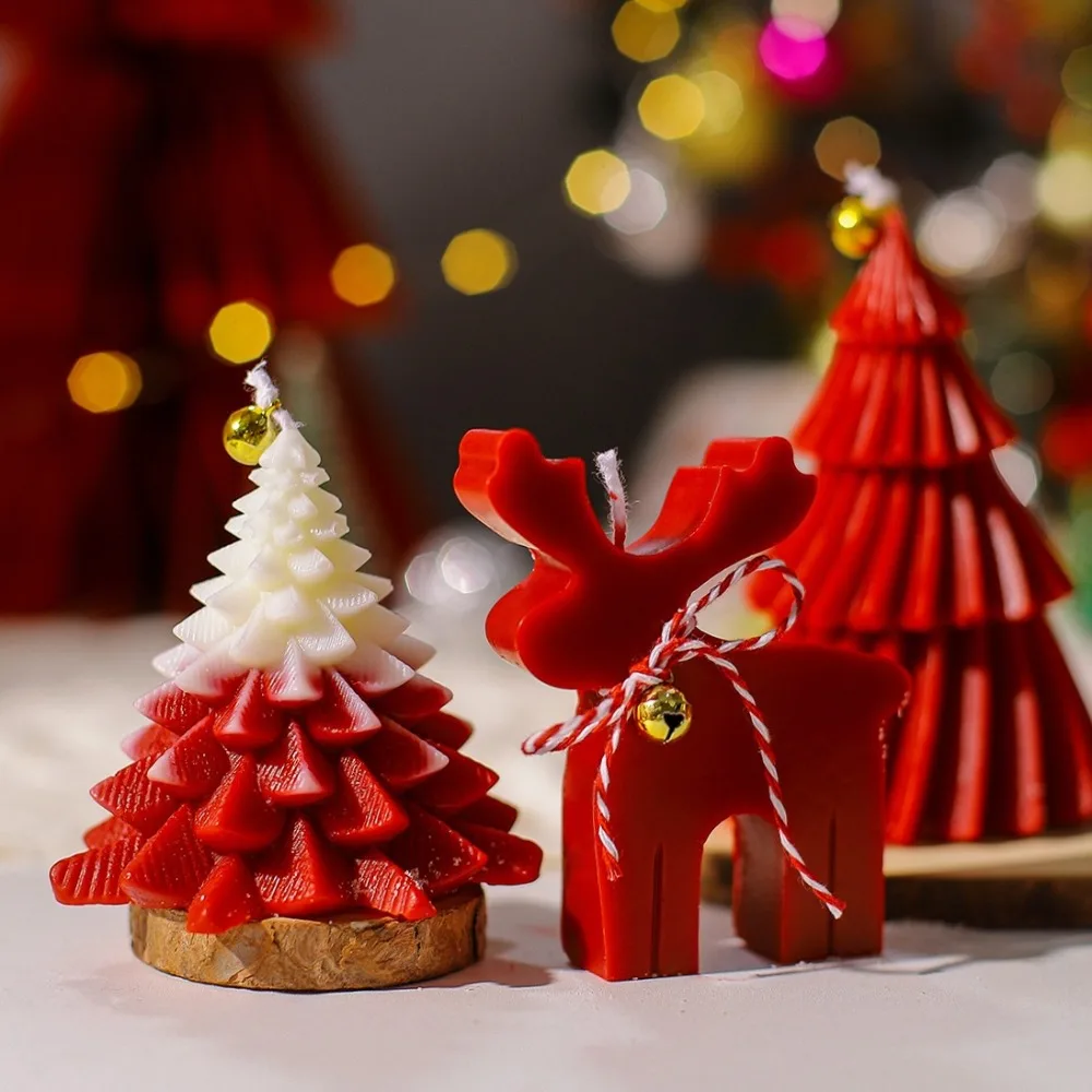Pine Deer Scent Candle Silicone Mold Handmade Plant Animal Gypsum Resin Mold DIY Taper Stripe Tree Christmas Decoration for Home