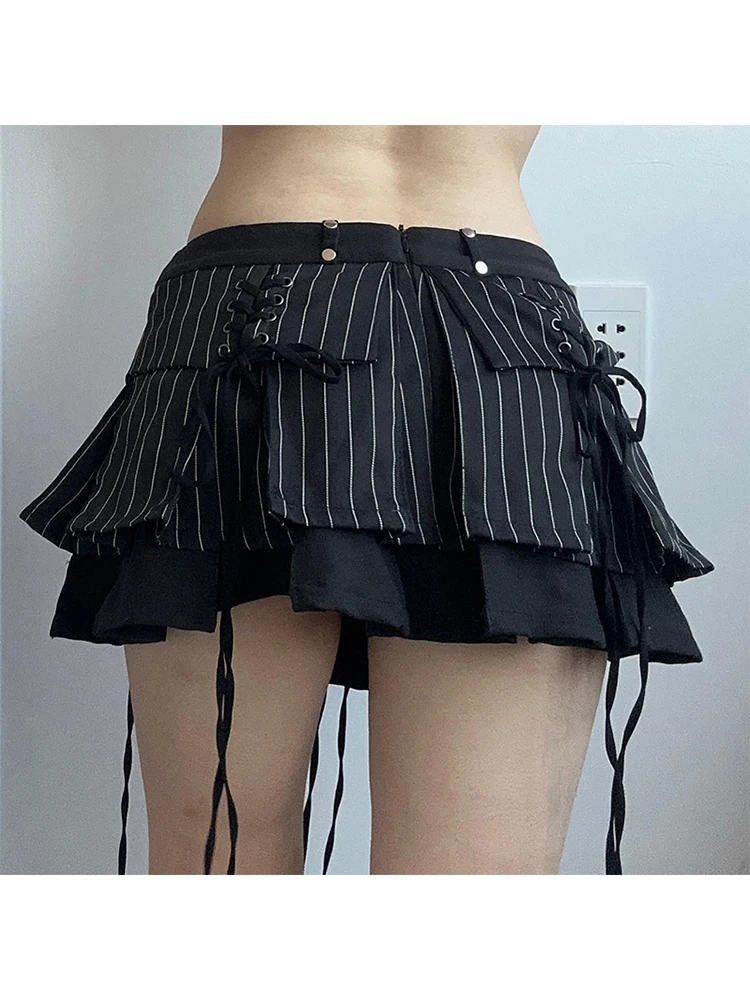 Summer Women Dark Academia Low Rise Gothic Lace Up Striped Mini Pleated Skirt Gyaru Harajuku 2000s Coquette Y2k Streetwear Kpop