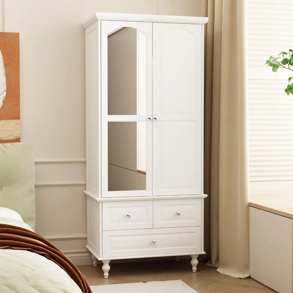 Wardrobe Armoire Wooden Closet with Mirror, 2 Doors, 3 Drawers, 4-Tier Storage Cubes and Hanging Rod for Bedroom, White (