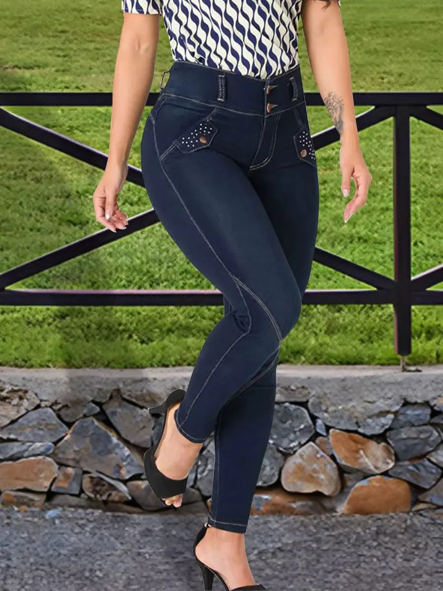 Jeans femininos decorativos com miçangas azuis profundos, corte justo, elástico, cintura média, justos, jeans casuais
