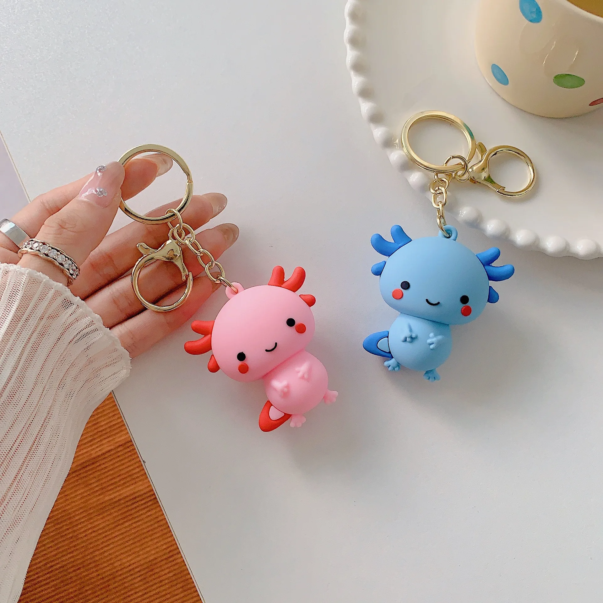 Lovely Axolotl Charm Key Chain for Girls Pink Blue Fish PVC Pendant Keyring Fashion Animal Ornaments for Pet Lovers Souvenirs