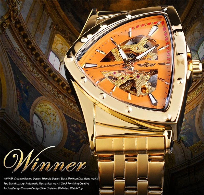 Winner 395S Premium Herren-Luxus-Automatikuhr, mechanisch, Edelstahl, hohles Dreieck, Skelett-Zifferblatt, lässige Herrenuhr – Detail 1