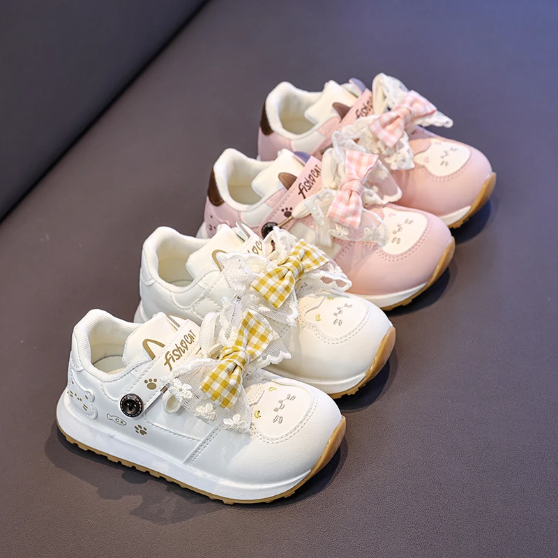 

2026 New Girls Embroider Sneakers Cute Cat Children Comfort Casual Shoes Plaid Bow Lace Outdoor Kids Fashion School Sports Shoes