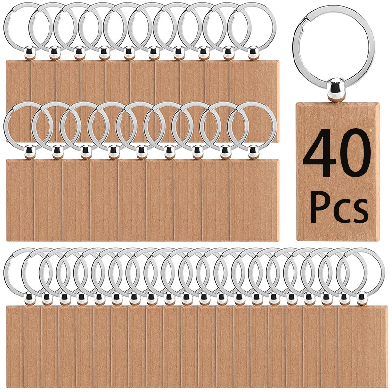 40Pcs Pendant Rectangle Plain Wood Blank Beech Wooden Key Chain Key Ring Wholesale