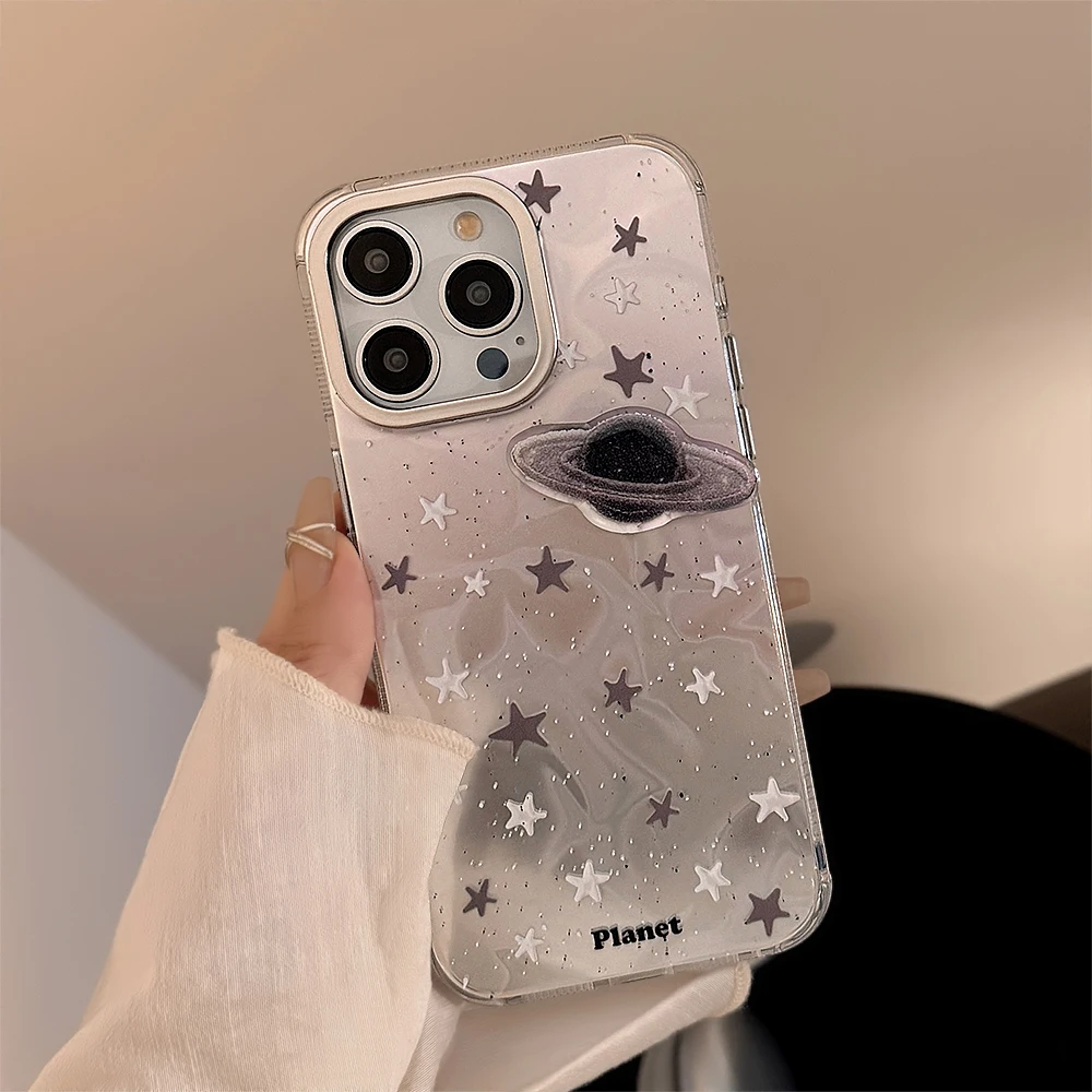 Luxury Purple Star River Stereoscopic Saturn Phone Case for iPhone 15 14 13 12 Pro Max Plus Water Ripple Silver Bumper Cover