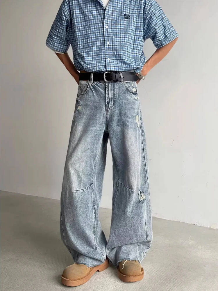 

Мужские джинсы с американской талией в стиле ретро, свободные повседневные широкие длинные брюки, рваные ножи, осенние уличные прямые брюки