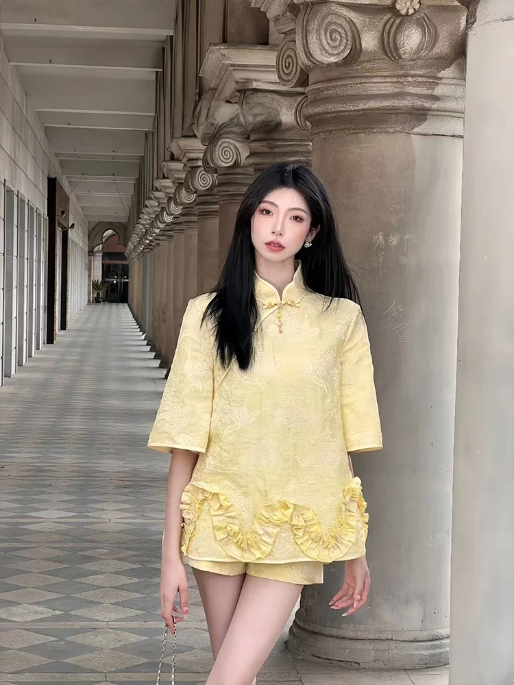 

Original Design Light Jaet orts Set Embroidered Floral Middle Sve Thin Outerwear Chinese Sle Women's Faion Set