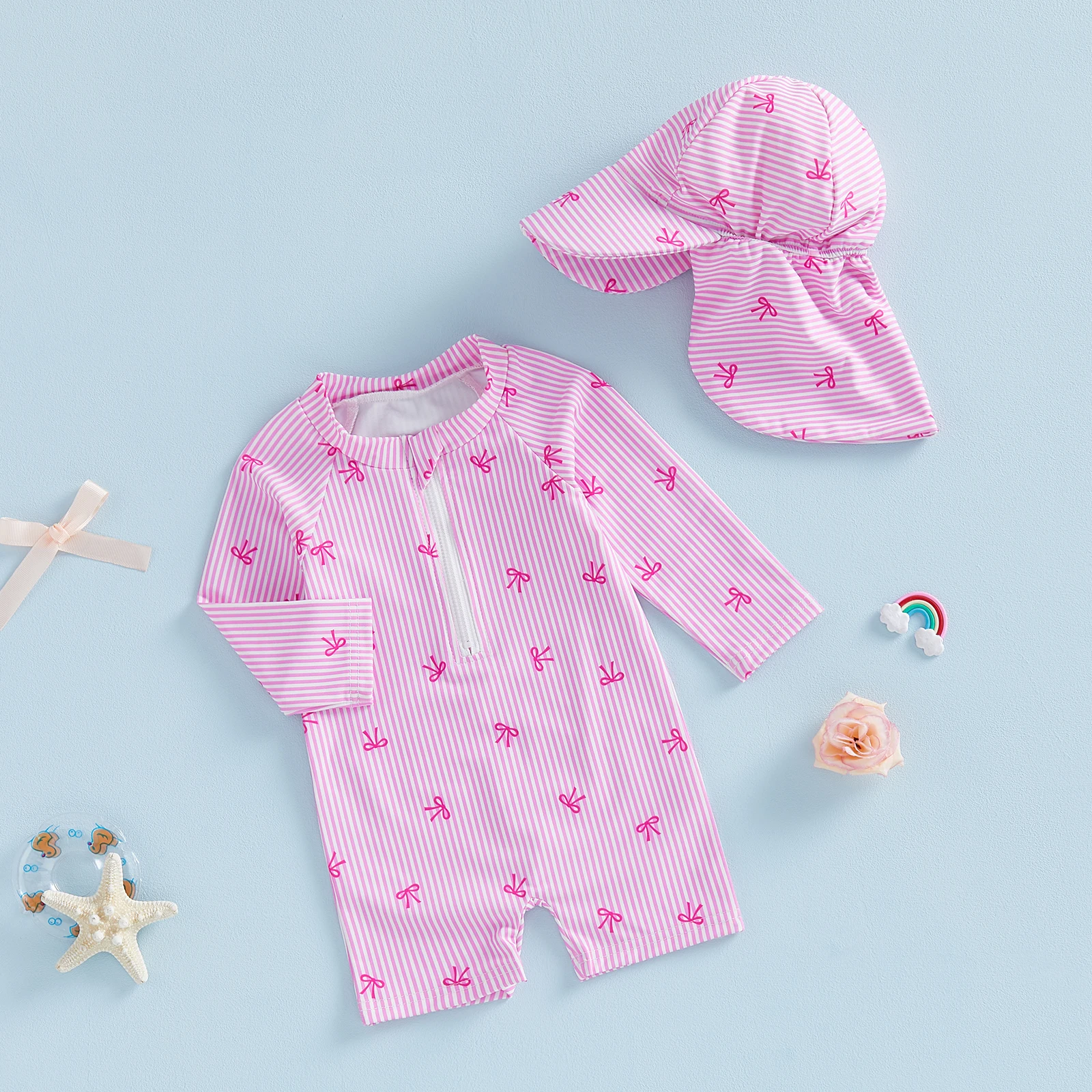 Summer Newborn Baby Girls Rash Guard Swimsuits Cute Striped Bow Printed Long Sleeve Swimwear with Hat Bathing Suits Beachwear