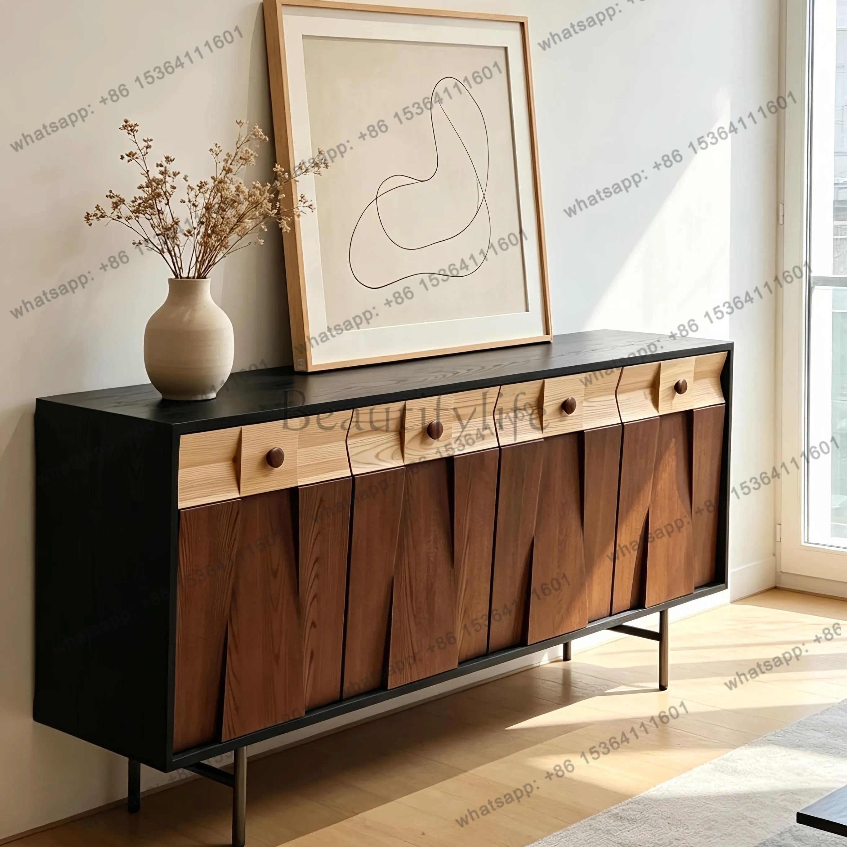 

French retro solid wood dining side cabinet household living room entrance locker