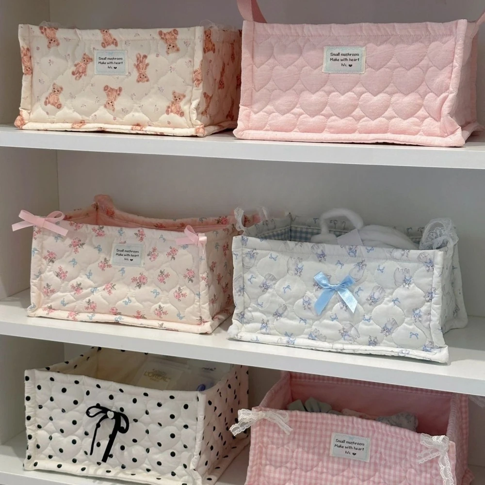 

Ins Square Storage Basket Flower Cotton Sorting Basket Lace Cotton Stripe Desktop Box Home Supplies Cute Girl Home Decoration