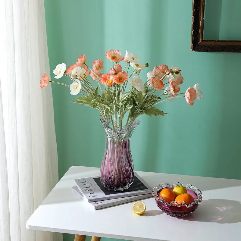 Elegant Pink Glass Vase Set for Home Decor Modern Fruit Plate and Flower Arrangement Stand Living Room Jewelry Display