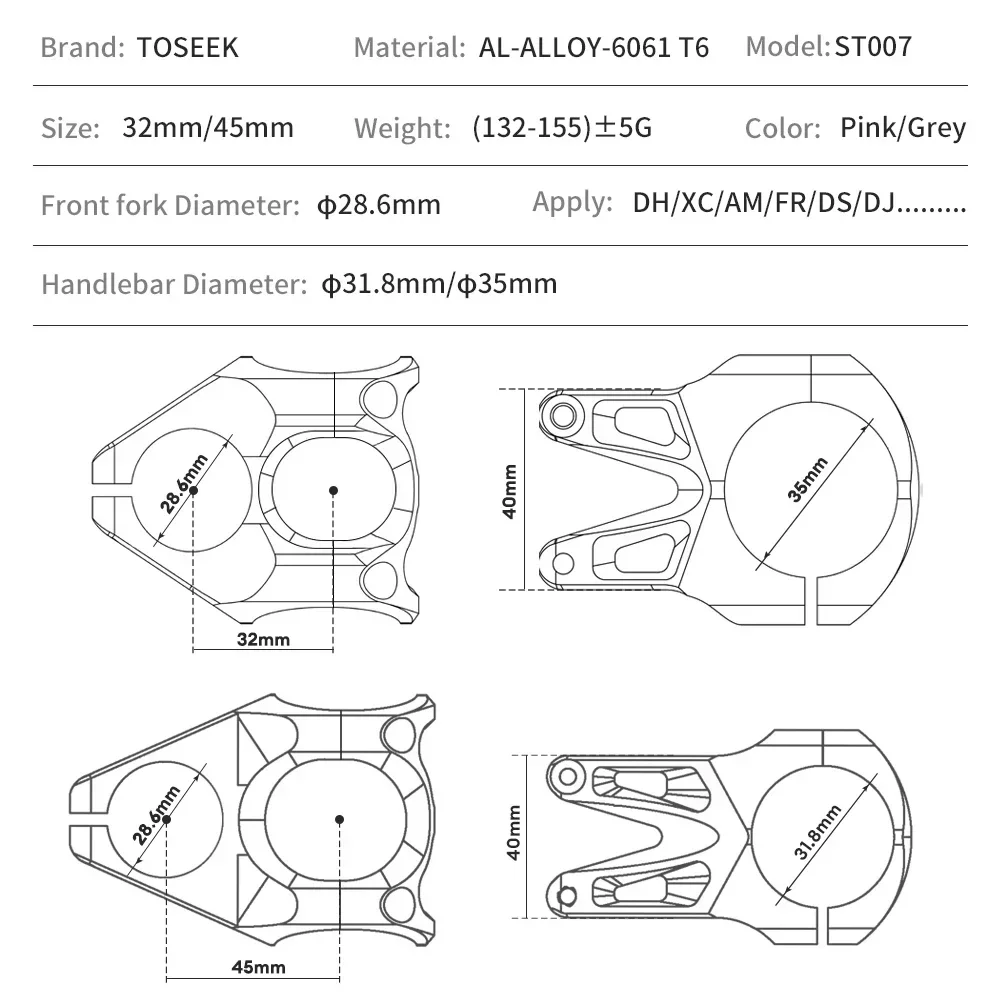 TOSEEK Downhill MTB Bicycle Stem 32mm/45mm Ultralight High-strength Short Handlebar Stem Aluminum Alloy Bike Stem