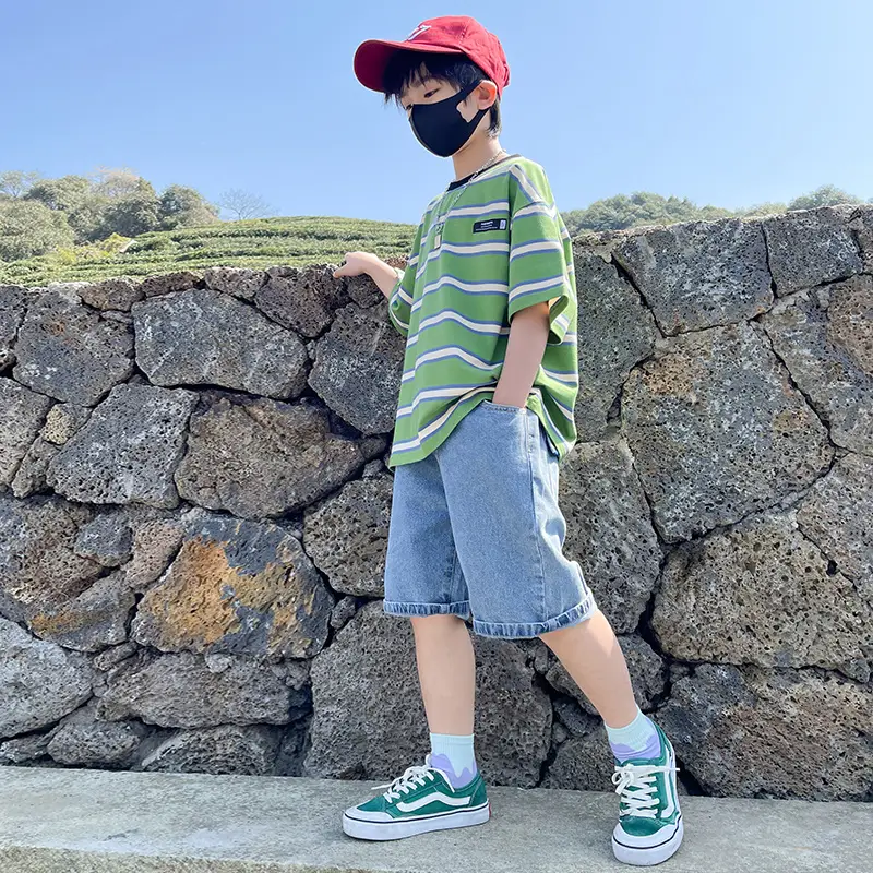Tween Boy Summer Clothing Set Child Casual Cotton Stripe T-shirt & Denim Shorts 2 Piece Suit Teenage Kids Luxury Clothes Costume - Image 5