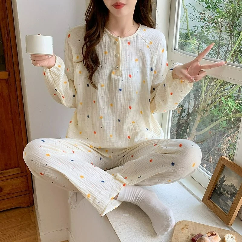 

CottonYarn Pajamas Female Student Korean Version Spring Autumn Thin Cute Print Comfortable Breathable Leisure Wear Skin-friendly