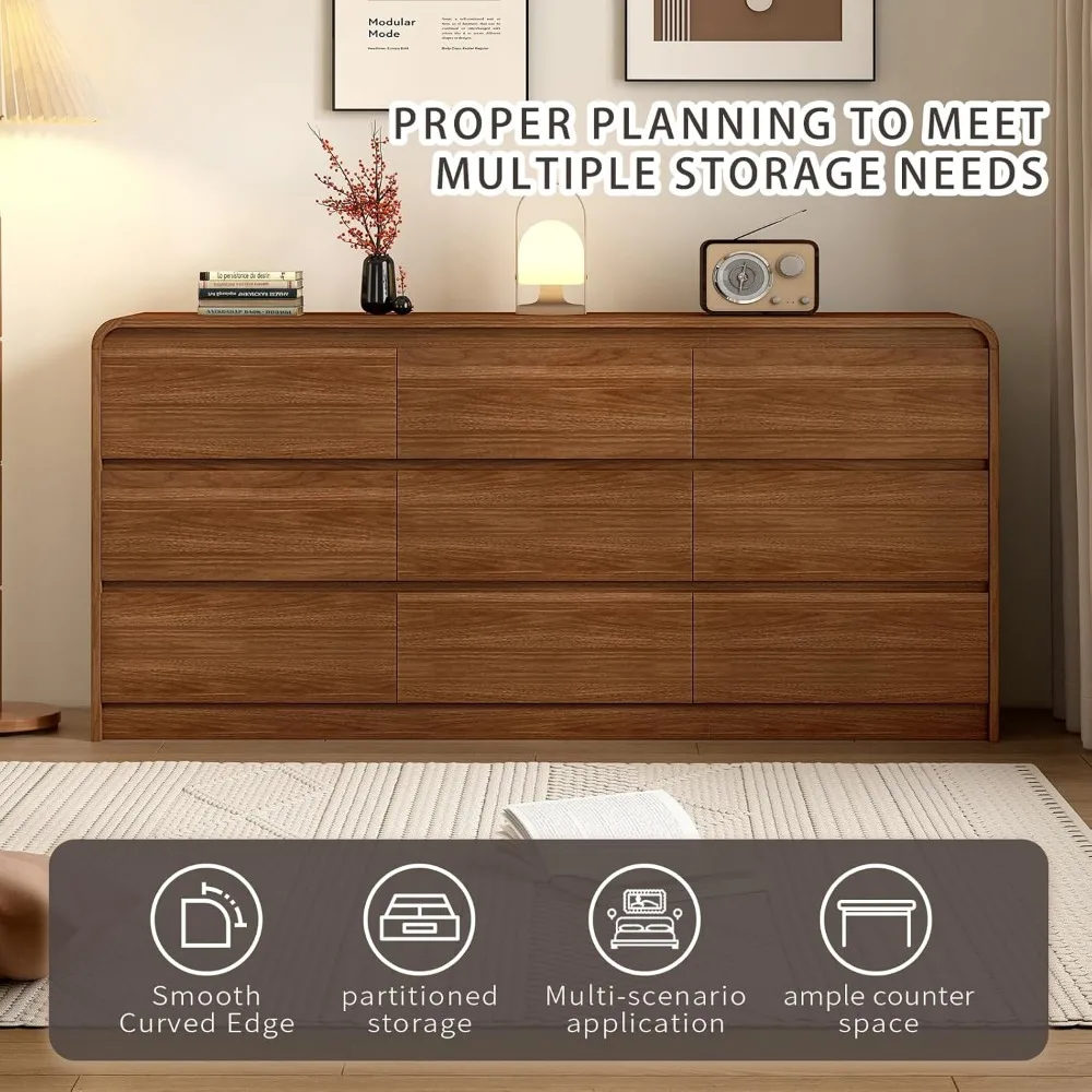 Lemari Laci Modern 9 Laci, Lemari Kayu 63-Inci, Desain Lengkung Anti-Tabrakan, Kabinet Penyimpanan Gaya Pertengahan Abad, Terpasang Terlebih Dahulu