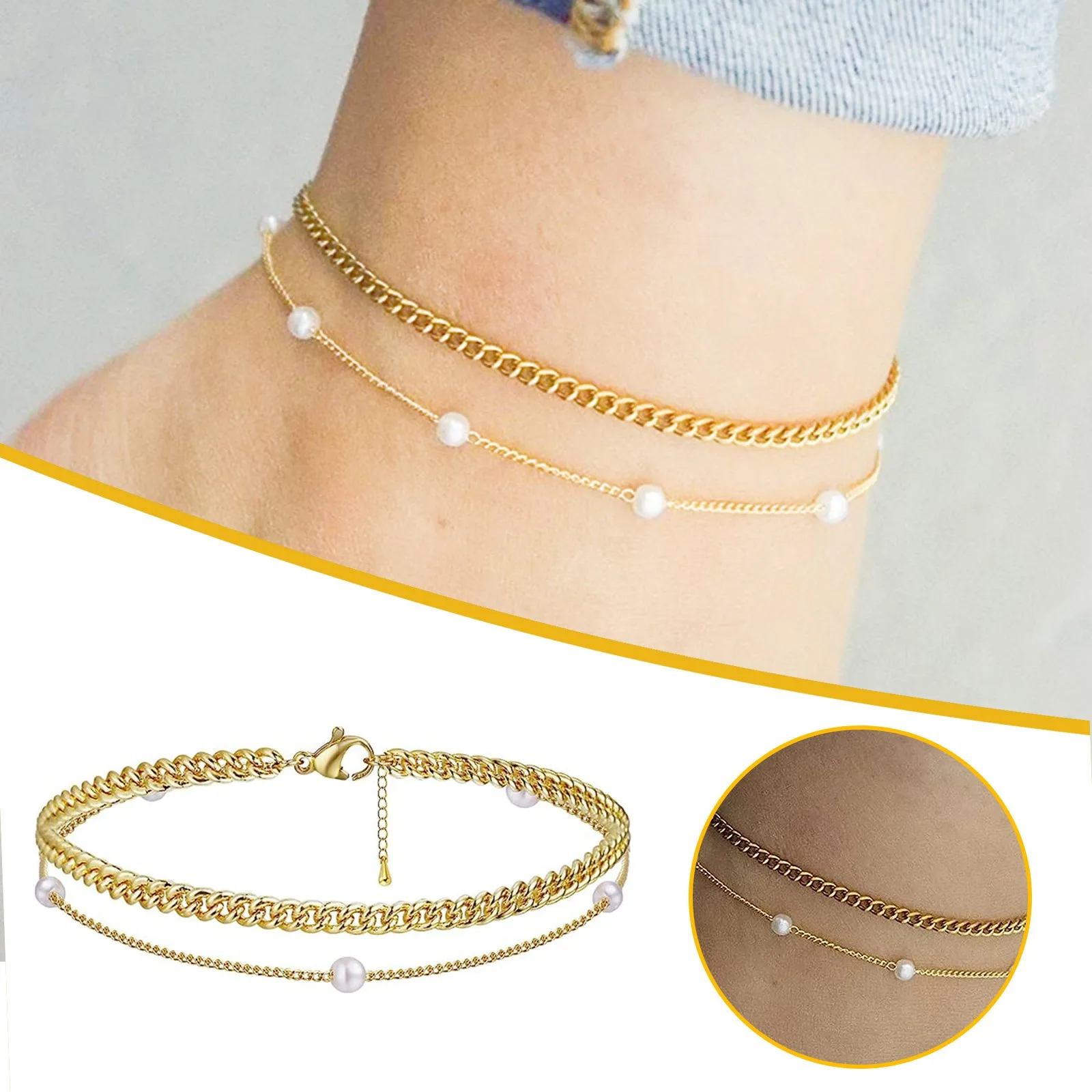 Fashionable Minimalist Foot Accessories For Women Unique Double Layered Handmade Pearl Chain Versatile Charm Anklet Bracelet