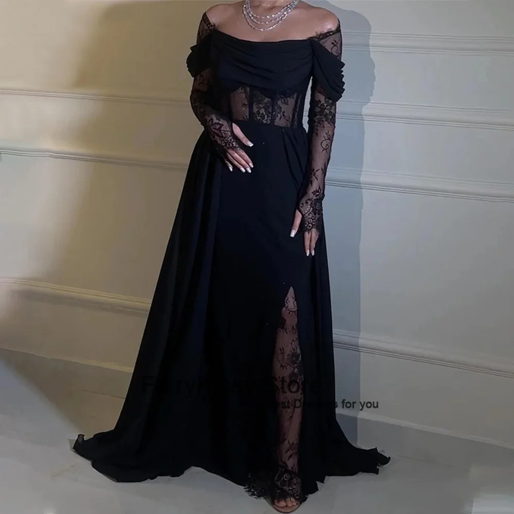 FairyKissy Elegant A-Line Prom Dress Women\'s Off Shoulder Sexy Lace Party Evening Gown Black Floor Length Special Occasion Gowns