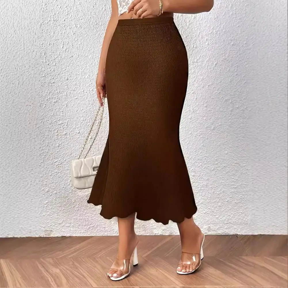 Fishtail Skirt High Waist Hip Wrapped Solid Color Knitting Skirt Mid-calf Length Slim Fit Midi Skirt Daily Wear