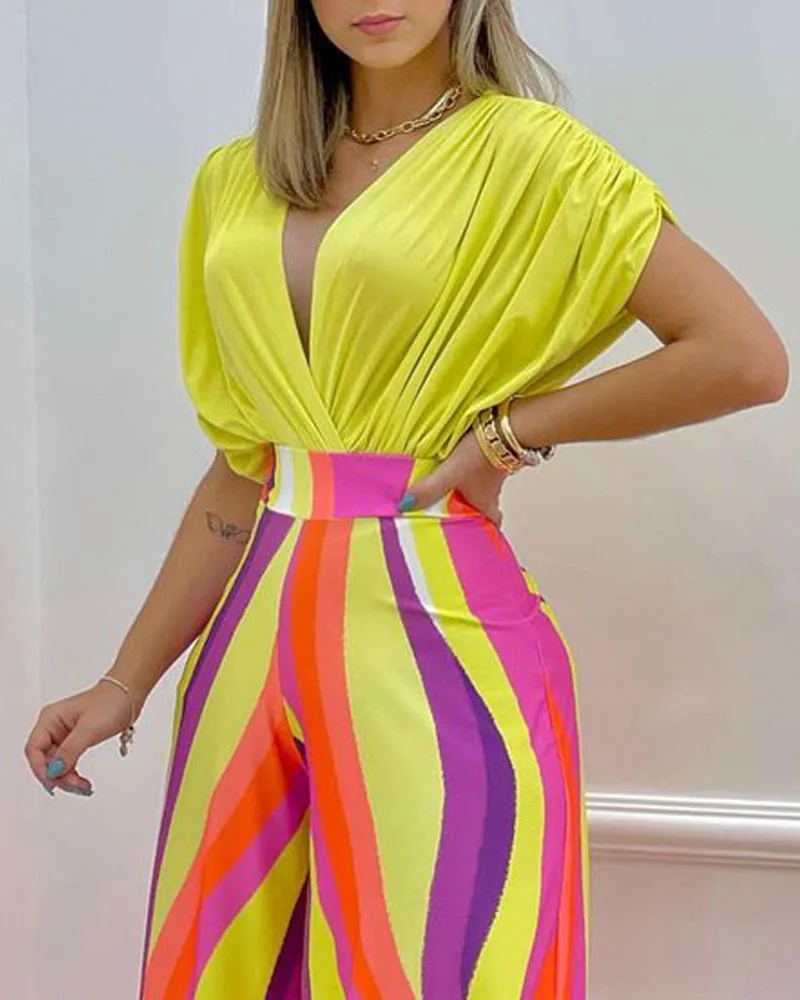

Summer Printed Temperament Commuting Two-piece Long Pants Set For Women, 2025V Collar Top, Long Pants Casual Fashion Set