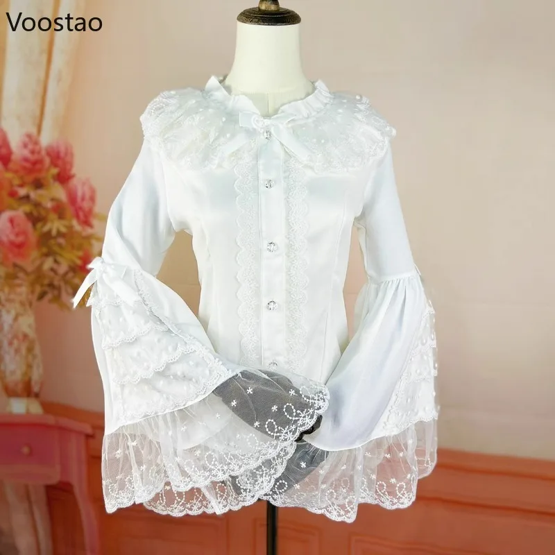 Victorian Gothic Y2k Lolita Style Shirts Women Vintage Elegant Lace Ruffles Flare Sleeve Blouses Japanese Slim Tops Blusas Mujer