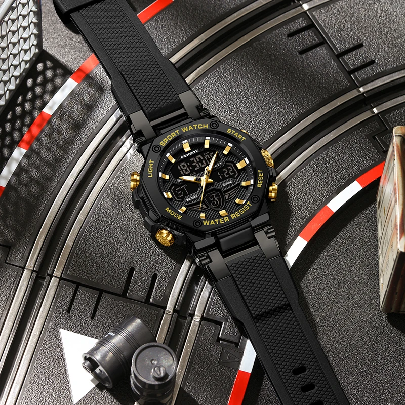 ساعات فوكس بوكس للرجال 50 متر مقاومة للماء LED عرض مزدوج سوار معصم من السيليكون كوارتز ساعات رياضية عسكرية للرجال ios masculin + BOX