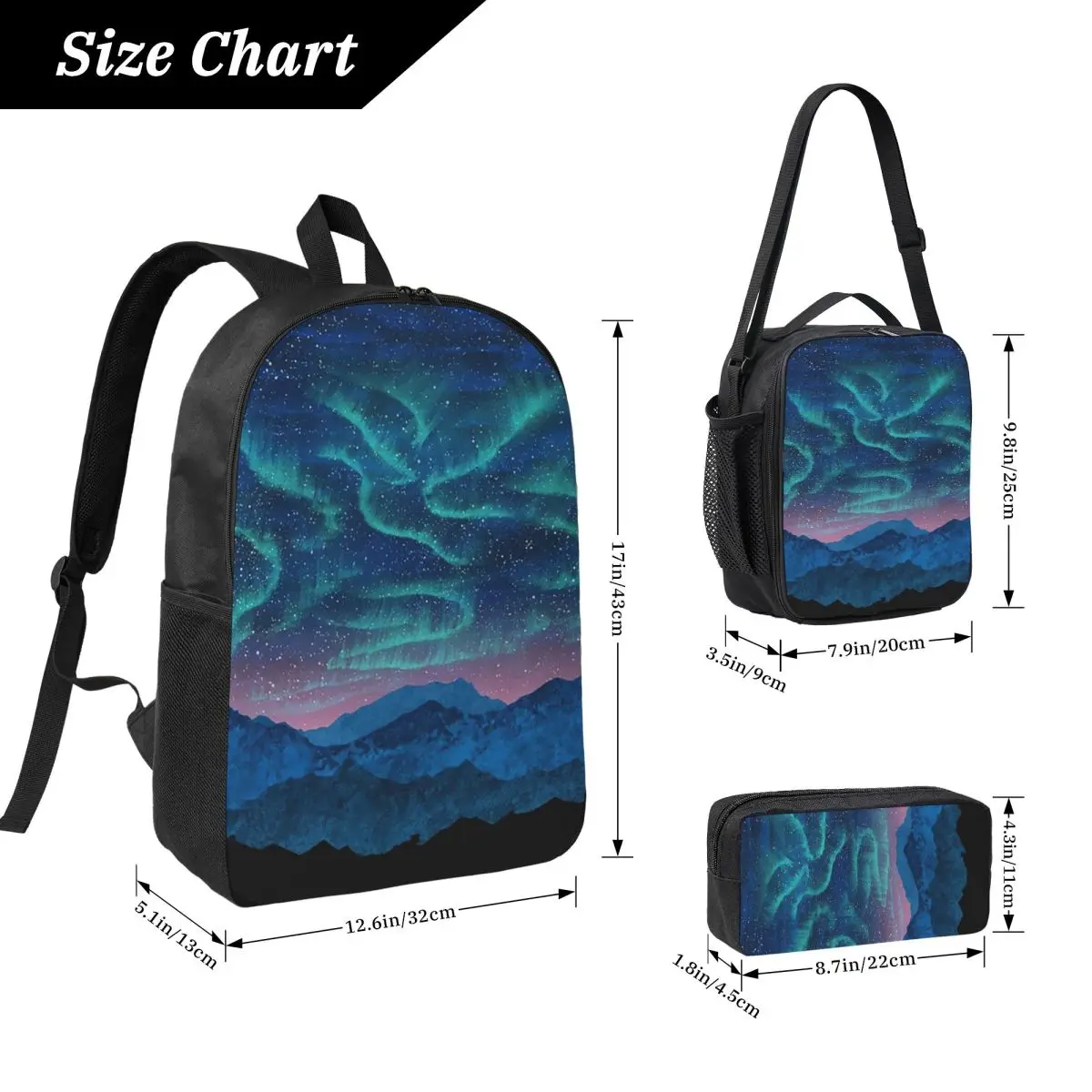 

Aurora Borealis Over Mountain Backpack Boys Girls BookBag School Bag Computer Shoulder Bags 3ps Insulated Lunch Bag Pencil Case