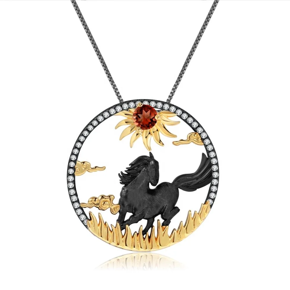 

Natural Red Garnet Zodiac Gemstone 925 Sterling Silver Handmade Sun & Horse Pendant Jewelry